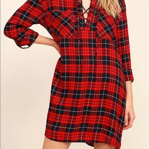 Lulu’s Red Plaid Lace-Up Shirt Dress